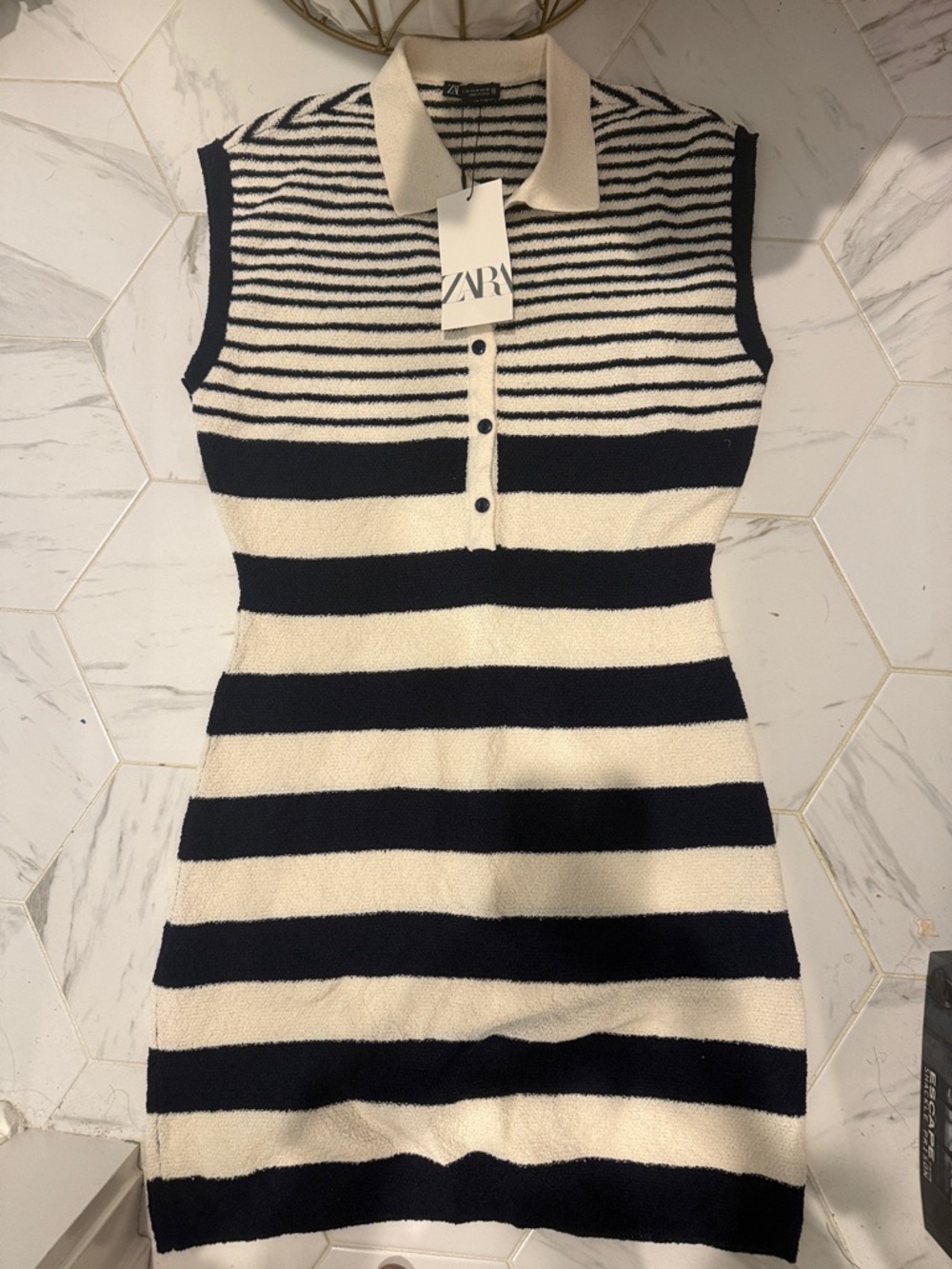 Zara Navy and Cream Striped Sleeveless Polo Knit Dress